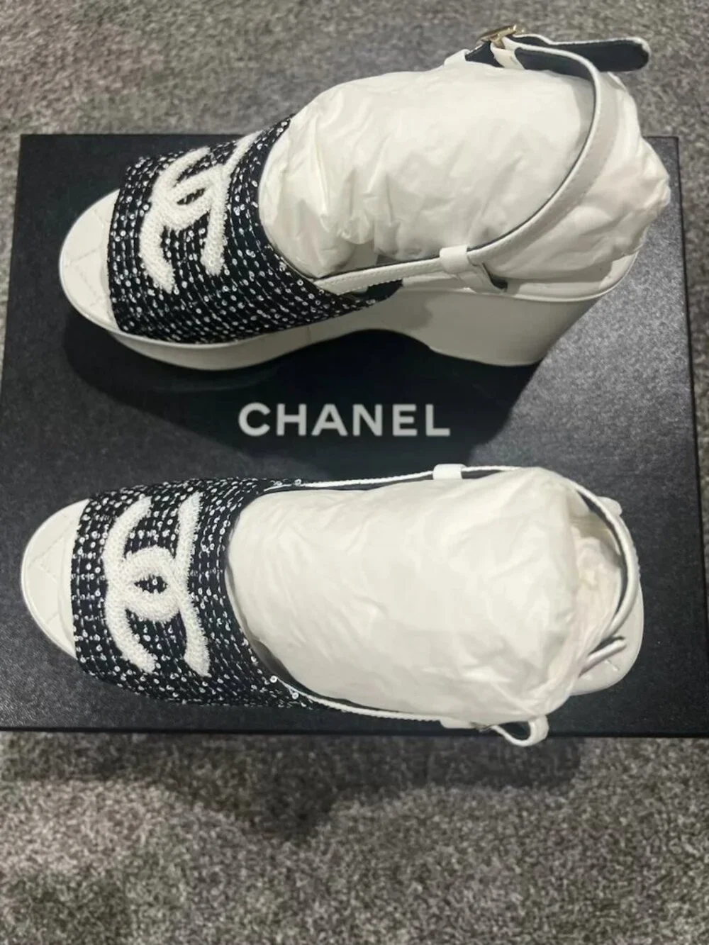 Chanel Tweed Logo Strap Wedge Heel Sandals,